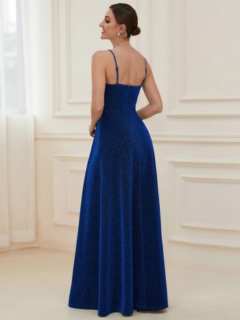 Spaghetti Strap Front Slit Shiny Evening Dress - Sapphire Blue