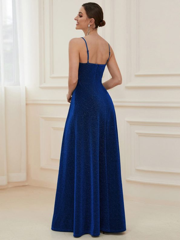 Spaghetti Strap Front Slit Shiny Evening Dress - Sapphire Blue