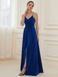 Spaghetti Strap Front Slit Shiny Evening Dress – Sapphire Blue