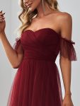 Off-Shoulder Sweetheart Double Layer Pleated Evening Dress – Burgundy