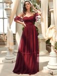 Off-Shoulder Sweetheart Double Layer Pleated Evening Dress – Burgundy