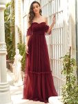 Off-Shoulder Sweetheart Double Layer Pleated Evening Dress – Burgundy