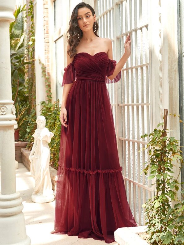 Off-Shoulder Sweetheart Double Layer Pleated Evening Dress - Burgundy