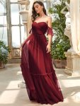 Off-Shoulder Sweetheart Double Layer Pleated Evening Dress – Burgundy