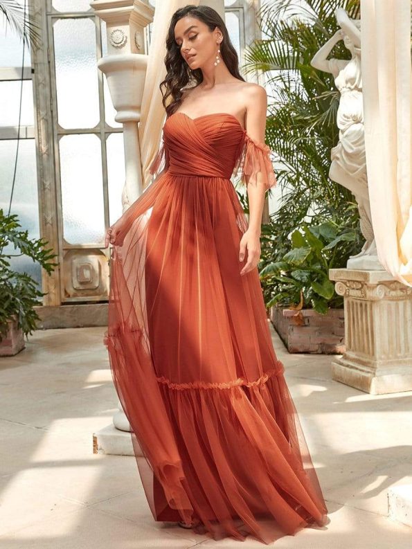 Off-Shoulder Sweetheart Double Layer Pleated Evening Dress - Burnt Orange