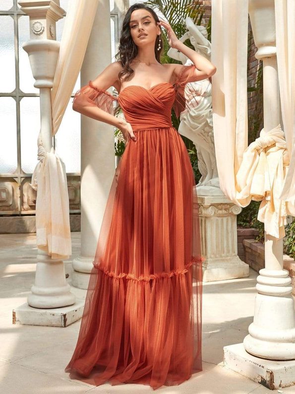 Off-Shoulder Sweetheart Double Layer Pleated Evening Dress - Burnt Orange