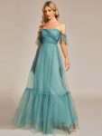 Off-Shoulder Sweetheart Double Layer Pleated Evening Dress – Dusty Blue