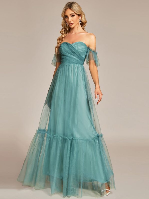 Off-Shoulder Sweetheart Double Layer Pleated Evening Dress - Dusty Blue