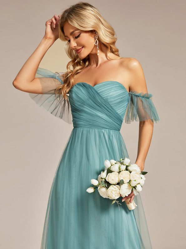 Off-Shoulder Sweetheart Double Layer Pleated Evening Dress - Dusty Blue