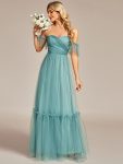 Off-Shoulder Sweetheart Double Layer Pleated Evening Dress – Dusty Blue