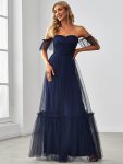 Off-Shoulder Sweetheart Double Layer Pleated Evening Dress – Navy Blue