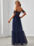 Off-Shoulder Sweetheart Double Layer Pleated Evening Dress – Navy Blue