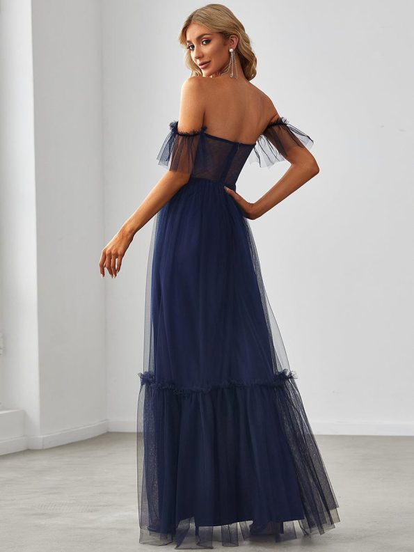 Off-Shoulder Sweetheart Double Layer Pleated Evening Dress - Navy Blue