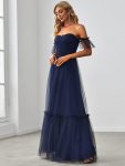 Off-Shoulder Sweetheart Double Layer Pleated Evening Dress – Navy Blue