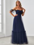 Off-Shoulder Sweetheart Double Layer Pleated Evening Dress – Navy Blue