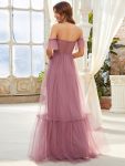 Off-Shoulder Sweetheart Double Layer Pleated Evening Dress – Purple Orchid