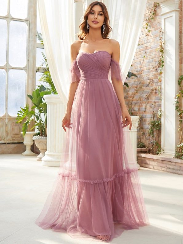 Off-Shoulder Sweetheart Double Layer Pleated Evening Dress - Purple Orchid