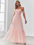 Off-Shoulder Sweetheart Double Layer Pleated Evening Dress – Pink