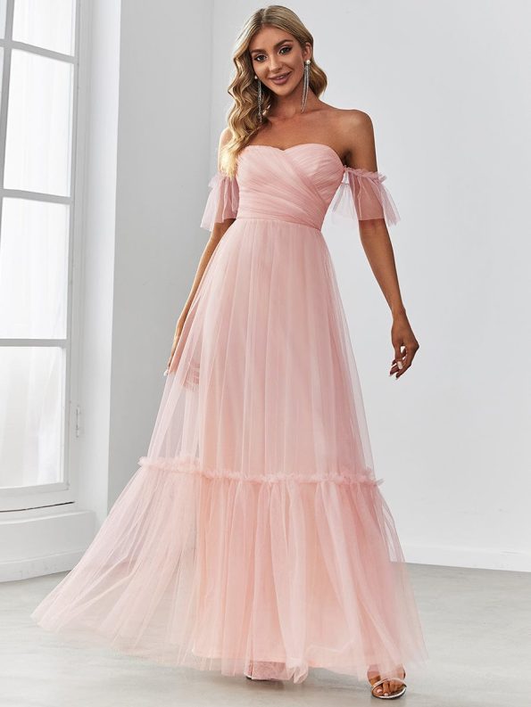 Off-Shoulder Sweetheart Double Layer Pleated Evening Dress - Pink