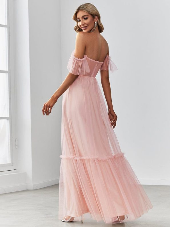 Off-Shoulder Sweetheart Double Layer Pleated Evening Dress - Pink