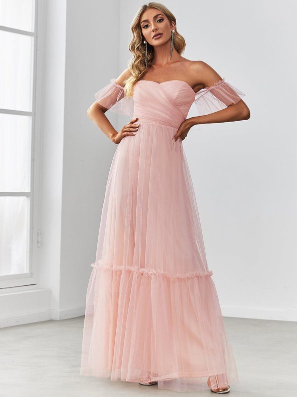 Off-Shoulder Sweetheart Double Layer Pleated Evening Dress - Pink