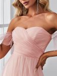 Off-Shoulder Sweetheart Double Layer Pleated Evening Dress – Pink