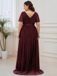 Sparkling Short Sleeve V-Neck Ribbon Waist A-Line Evening Dress – Burgundy