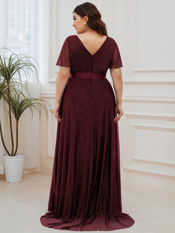 Sparkling Short Sleeve V-Neck Ribbon Waist A-Line Evening Dress - Burgundy