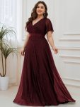 Sparkling Short Sleeve V-Neck Ribbon Waist A-Line Evening Dress – Burgundy