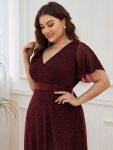 Sparkling Short Sleeve V-Neck Ribbon Waist A-Line Evening Dress – Burgundy