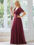 Sparkling Short Sleeve V-Neck Ribbon Waist A-Line Evening Dress – Burgundy