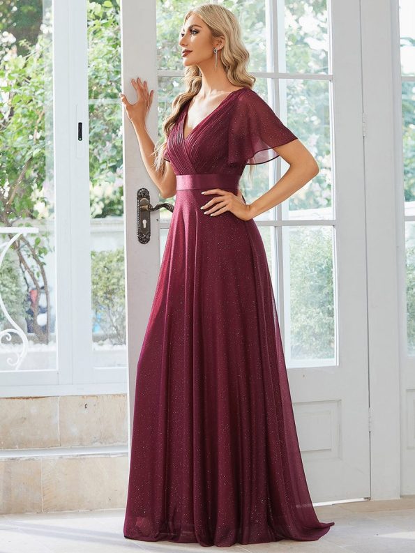 Sparkling Short Sleeve V-Neck Ribbon Waist A-Line Evening Dress - Burgundy