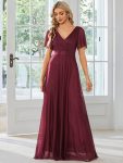 Sparkling Short Sleeve V-Neck Ribbon Waist A-Line Evening Dress – Burgundy