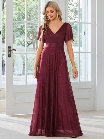 Sparkling Short Sleeve V-Neck Ribbon Waist A-Line Evening Dress - Burgundy