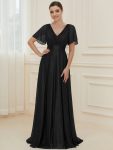 Sparkling Short Sleeve V-Neck Ribbon Waist A-Line Evening Dress – Black