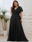 Sparkling Short Sleeve V-Neck Ribbon Waist A-Line Evening Dress – Black