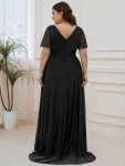 Sparkling Short Sleeve V-Neck Ribbon Waist A-Line Evening Dress – Black