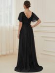 Sparkling Short Sleeve V-Neck Ribbon Waist A-Line Evening Dress – Black