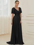 Sparkling Short Sleeve V-Neck Ribbon Waist A-Line Evening Dress - Black