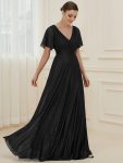 Sparkling Short Sleeve V-Neck Ribbon Waist A-Line Evening Dress – Black