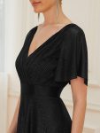 Sparkling Short Sleeve V-Neck Ribbon Waist A-Line Evening Dress – Black