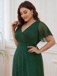 Sparkling Short Sleeve V-Neck Ribbon Waist A-Line Evening Dress – Dark Green