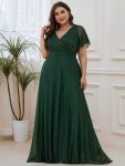 Sparkling Short Sleeve V-Neck Ribbon Waist A-Line Evening Dress – Dark Green