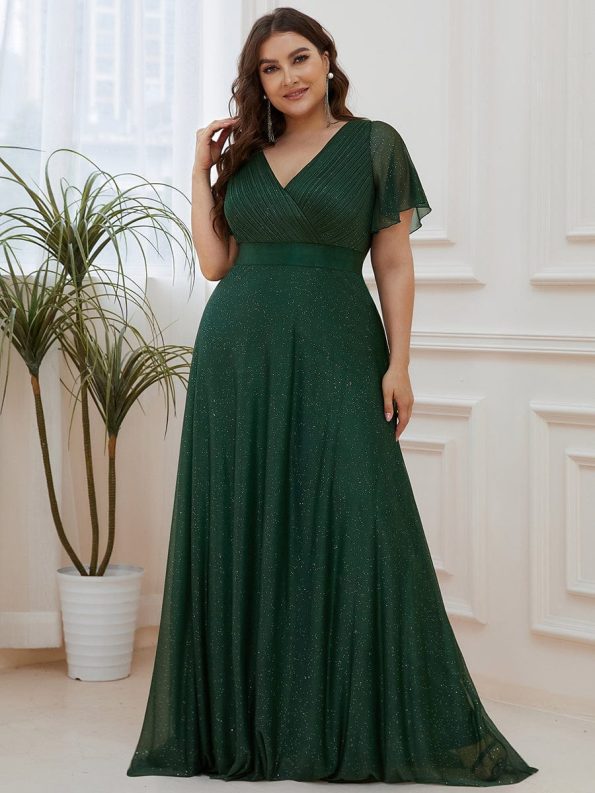 Sparkling Short Sleeve V-Neck Ribbon Waist A-Line Evening Dress - Dark Green