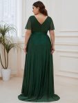 Sparkling Short Sleeve V-Neck Ribbon Waist A-Line Evening Dress – Dark Green