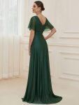 Sparkling Short Sleeve V-Neck Ribbon Waist A-Line Evening Dress – Dark Green