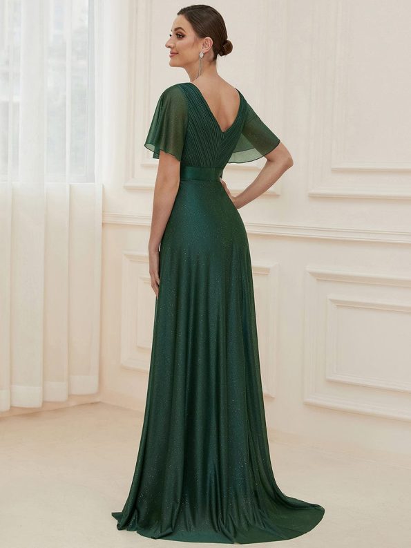 Sparkling Short Sleeve V-Neck Ribbon Waist A-Line Evening Dress - Dark Green