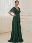 Sparkling Short Sleeve V-Neck Ribbon Waist A-Line Evening Dress – Dark Green