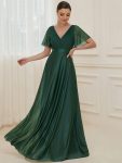 Sparkling Short Sleeve V-Neck Ribbon Waist A-Line Evening Dress – Dark Green