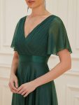 Sparkling Short Sleeve V-Neck Ribbon Waist A-Line Evening Dress – Dark Green